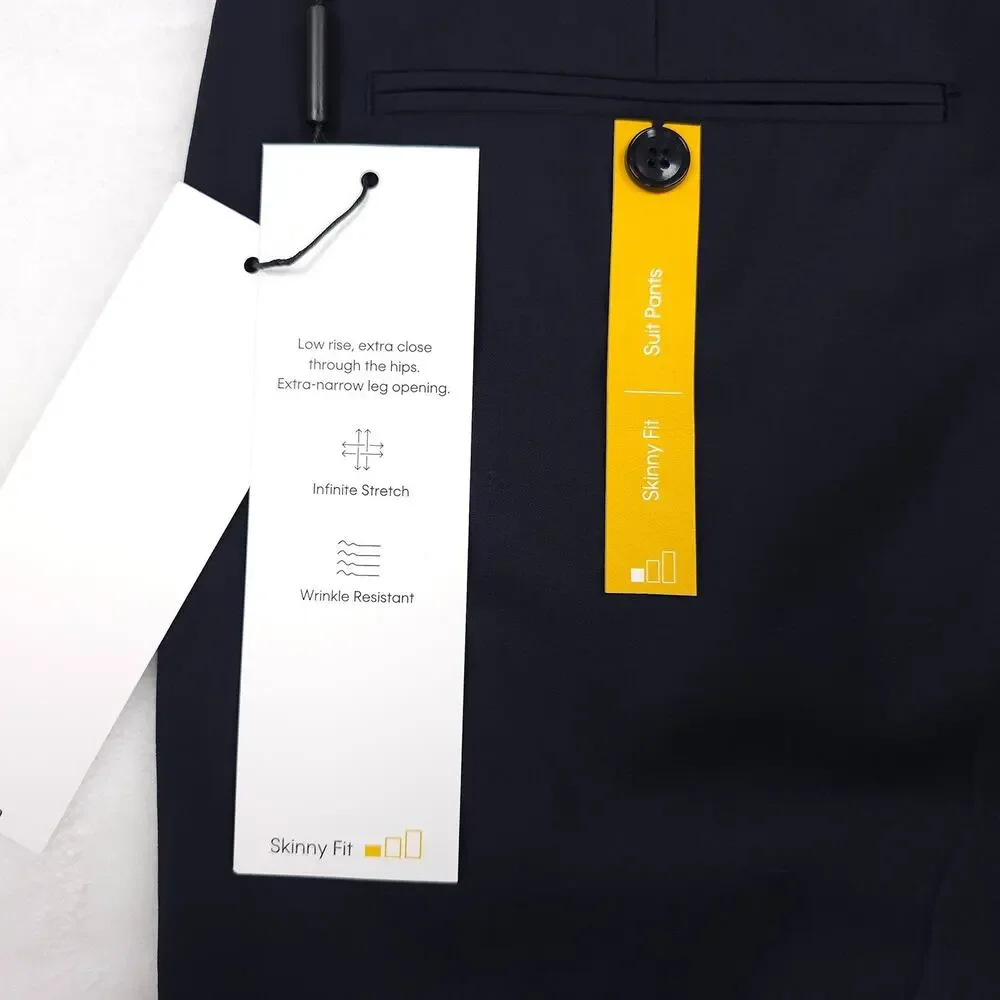 Calvin Klein Mens Skinny Fit 2 Piece Suit 46R 34x32 Navy Blue Solid Stretch Wool